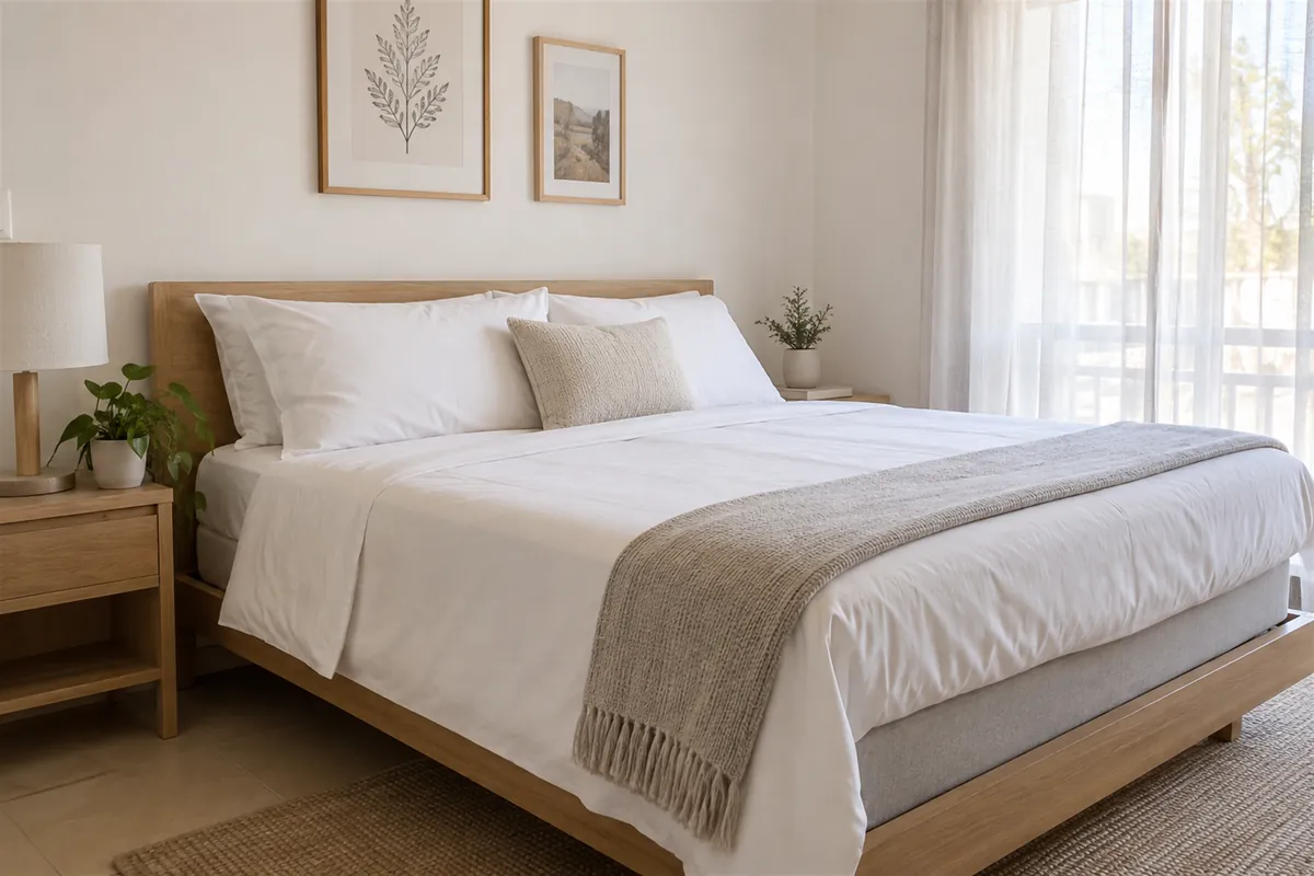 Cama con colchón y sábanas blancas limpias