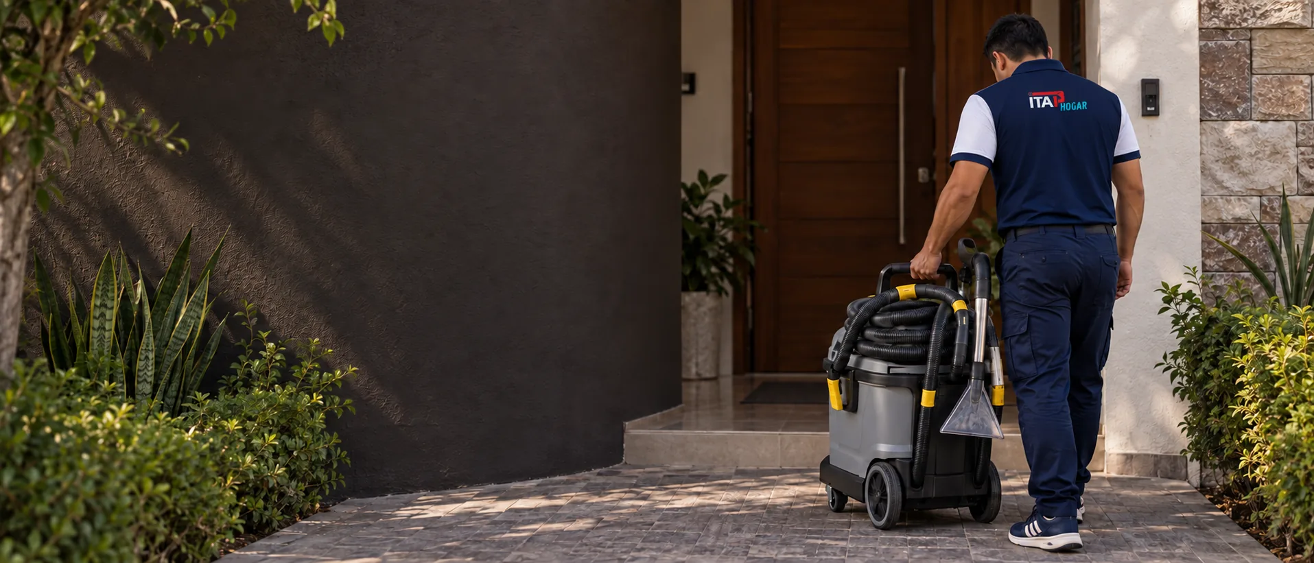 Técnico de ITAP Hogar llegando a un domicilio con equipo de extracción Kärcher