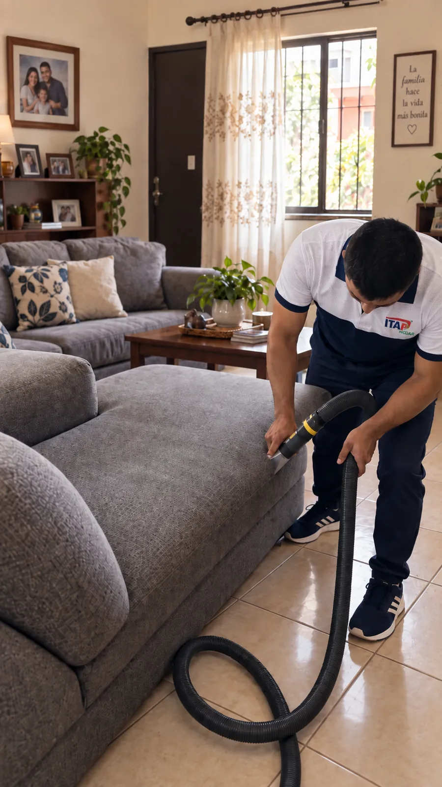 Técnico de ITAP Hogar limpiando un sofá con equipo de extracción